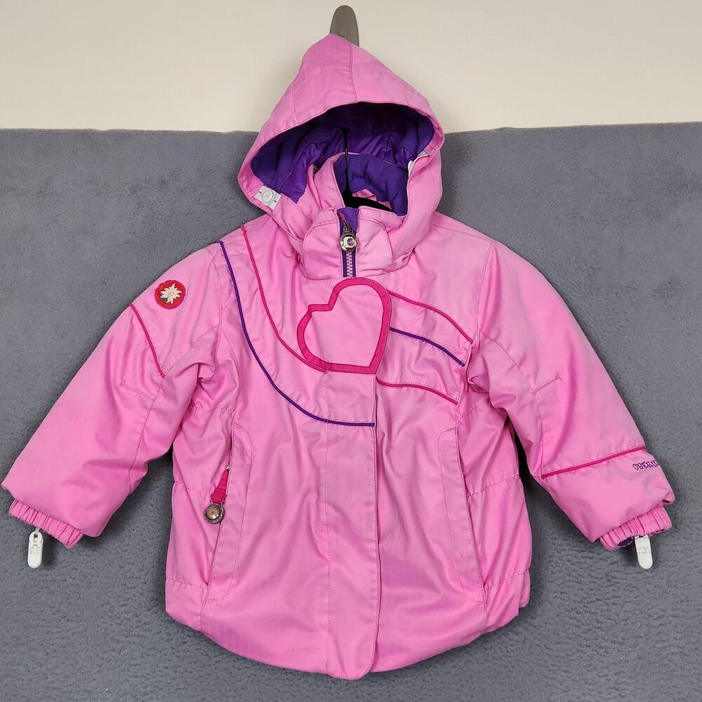 Obermeyer Karma Ski Jacket Kids 4 Pink Hooded Insulated Winter Heart Snow Coat